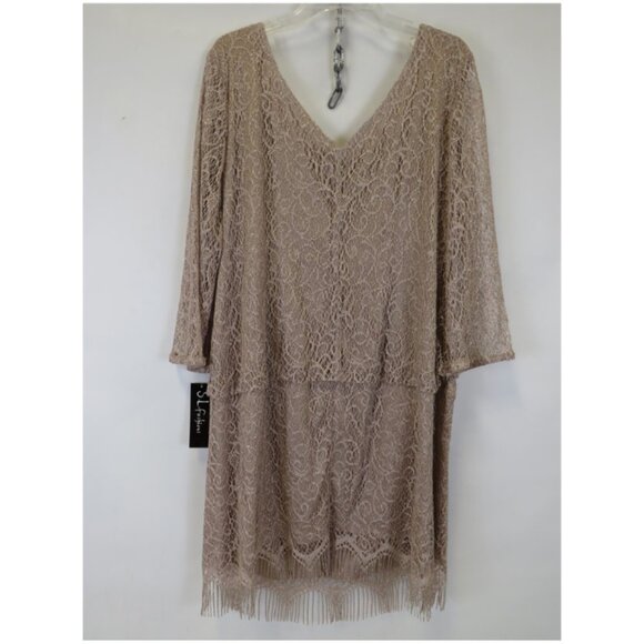 S.L. Fashions NWT Taupe Gold Crochet Blouson Fringe Hem Cocktail Dress, Size 20W - Picture 6 of 9